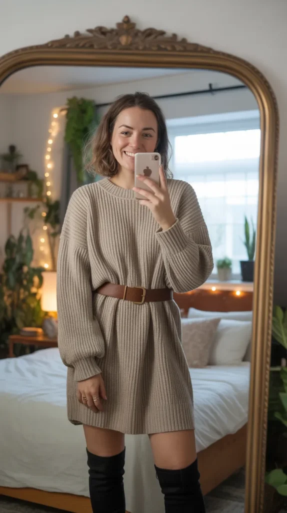 Chunky Knit Sweater Dress + OTK Boots + Belt