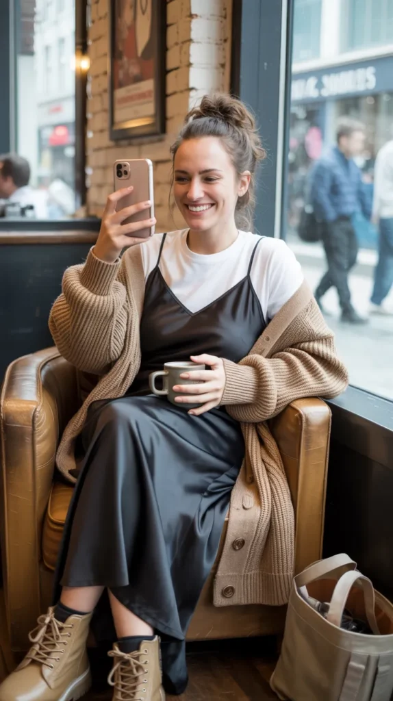 Layered Look - Tee + Slip Dress + Cardigan