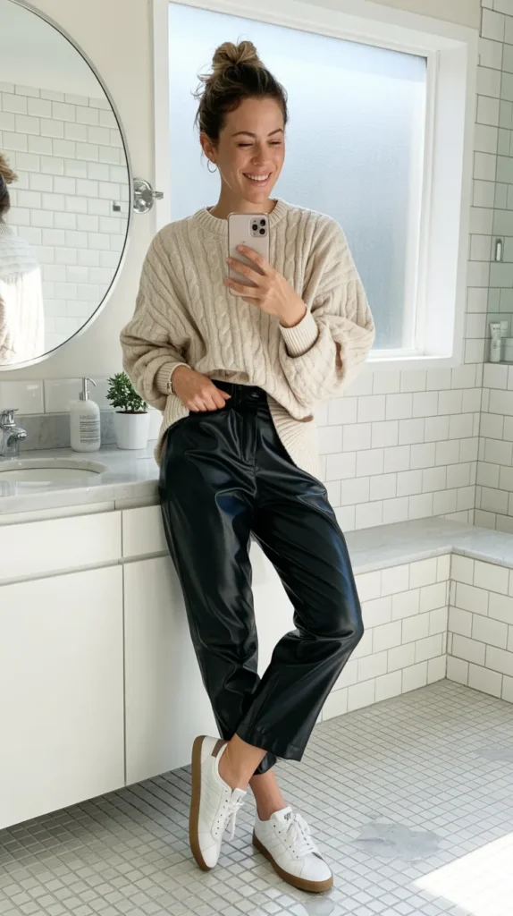  Leather Pants + Oversized Sweater + Sneakers