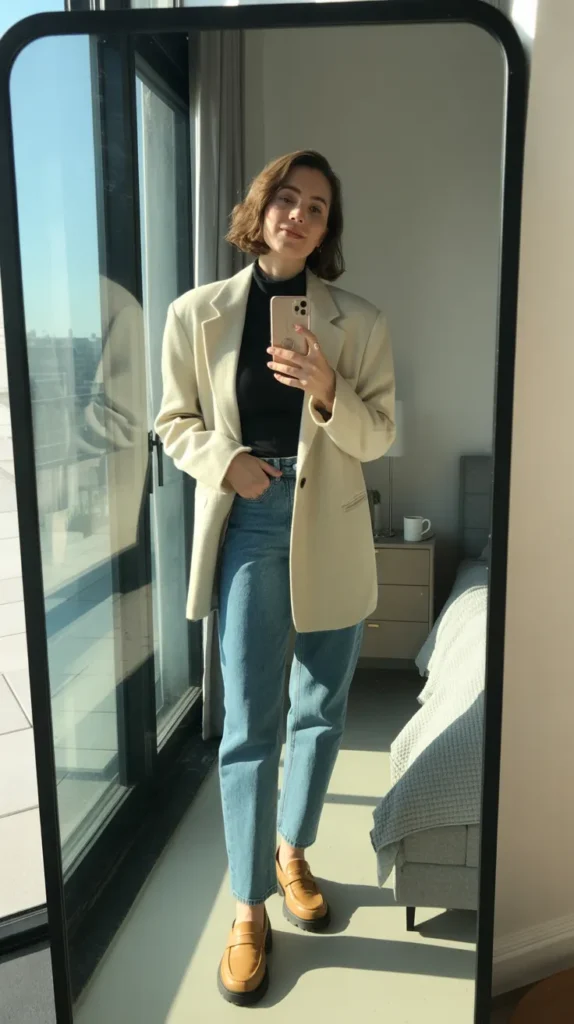 Oversized Blazer + Turtleneck + Jeans + Loafers