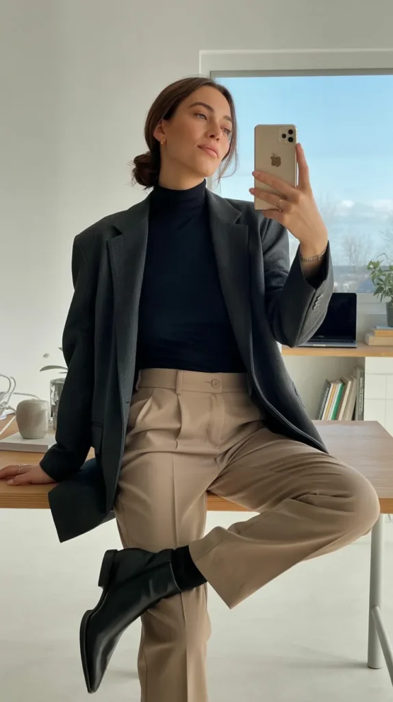 Oversized Blazer + Turtleneck + Trousers + Ankle Boots